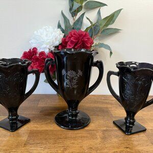 Black Amethyst Art Deco Style Trophy Vases Etched Floral and Dancing Nymph Decor
